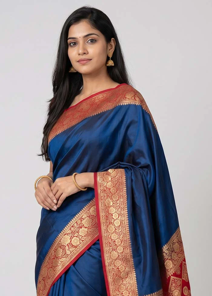Blue Banarasi Silk Saree With Blouse Piece - Image 2