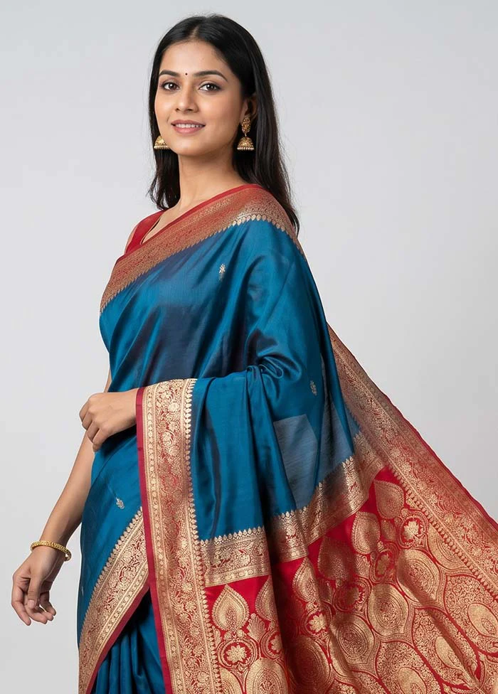 Blue Banarasi Silk Saree With Blouse Piece - Image 2