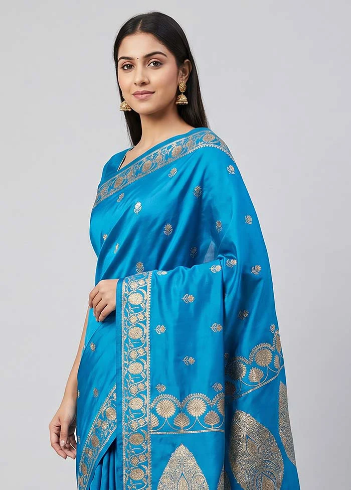Blue Banarasi Silk Saree With Blouse Piece - Image 2