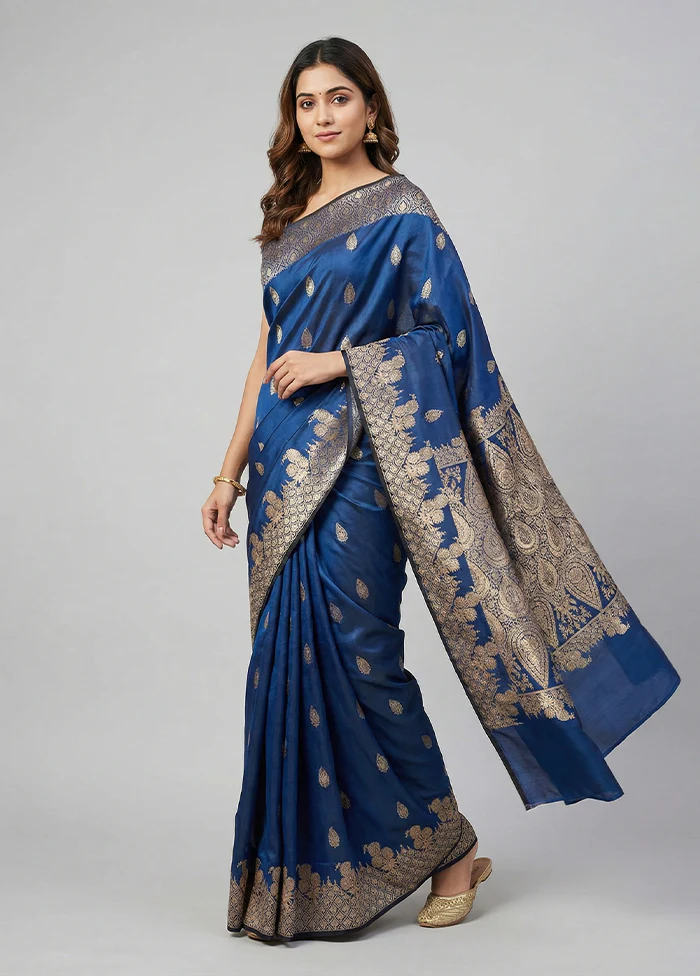 Blue Banarasi Silk Saree With Blouse Piece