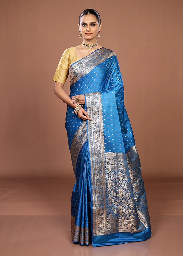 Blue Banarasi Silk Saree With Blouse Piece - Image 2