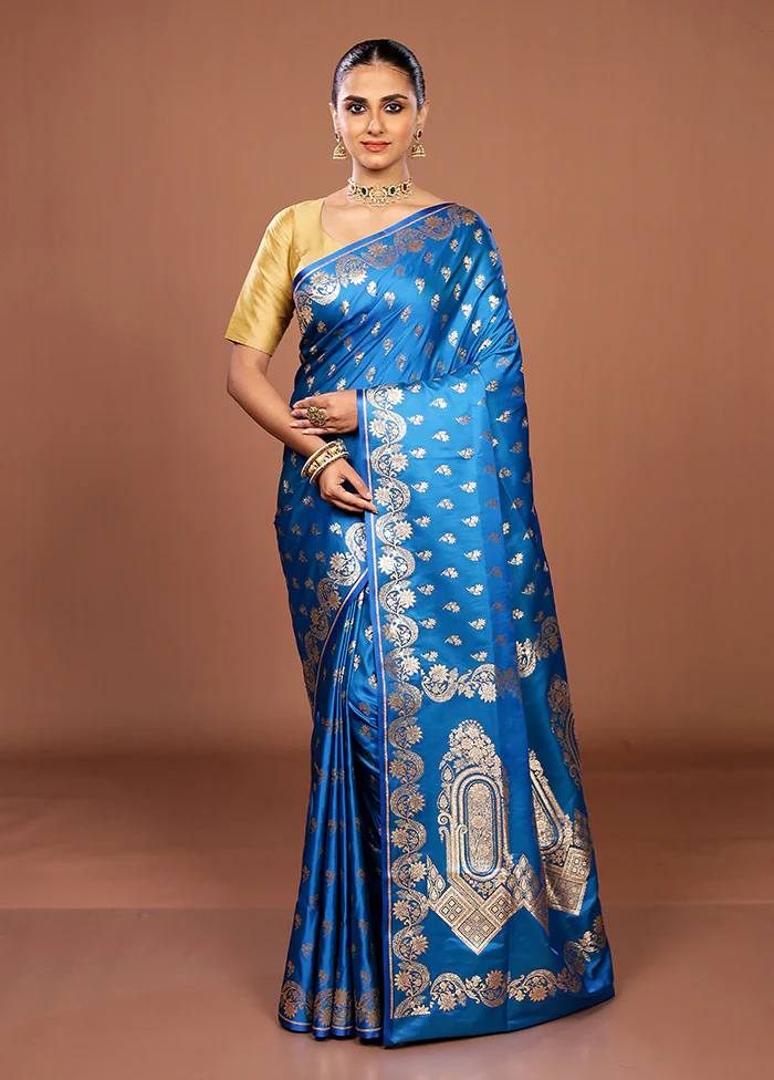 Blue Banarasi Silk Saree With Blouse Piece - Image 2