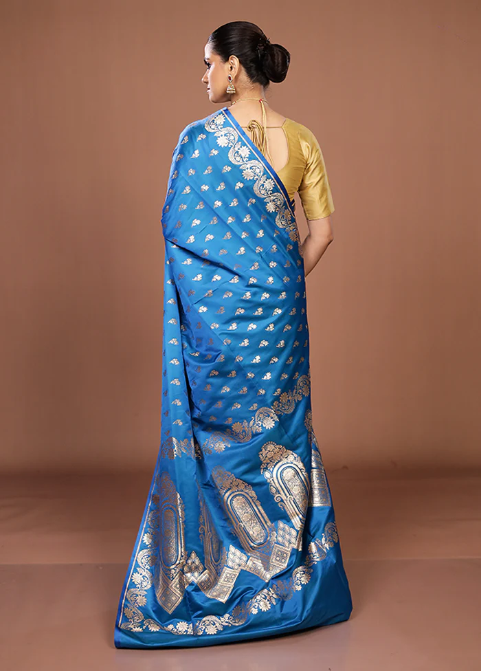 Blue Banarasi Silk Saree With Blouse Piece - Image 3