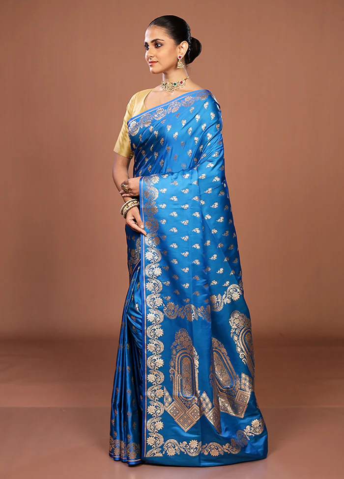 Blue Banarasi Silk Saree With Blouse Piece - Image 4