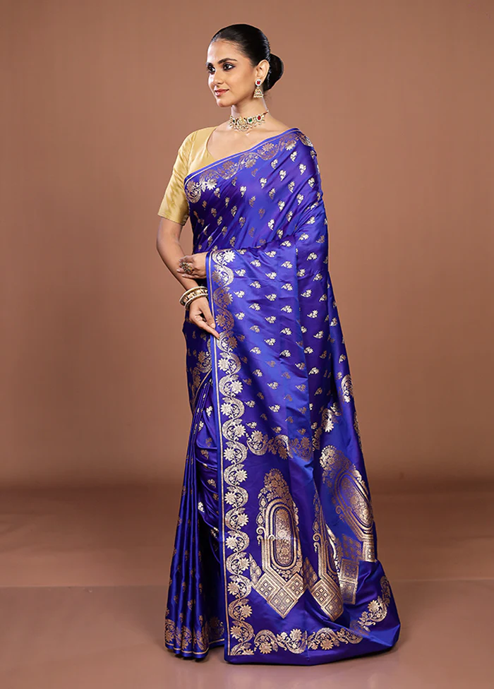 Blue Banarasi Silk Saree With Blouse Piece - Image 4