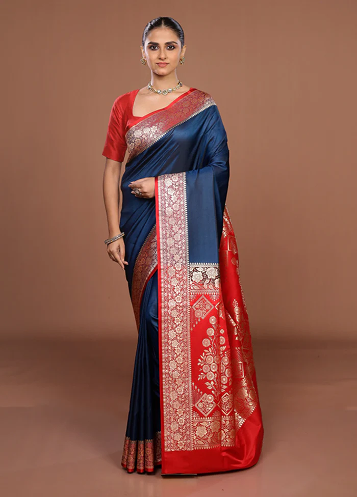 Blue Banarasi Silk Saree With Blouse Piece - Image 2