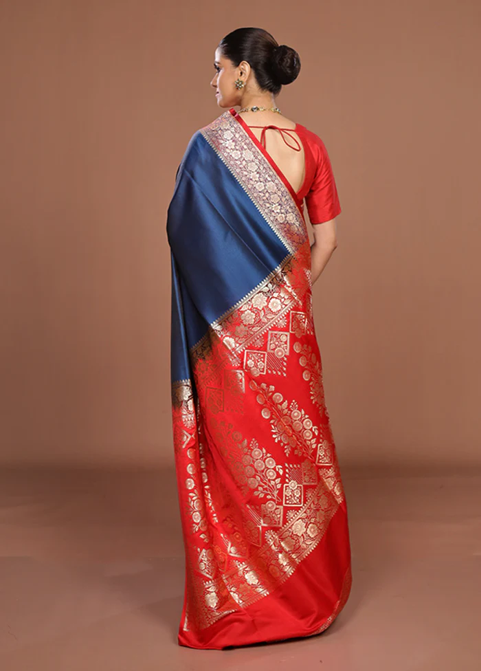Blue Banarasi Silk Saree With Blouse Piece - Image 3