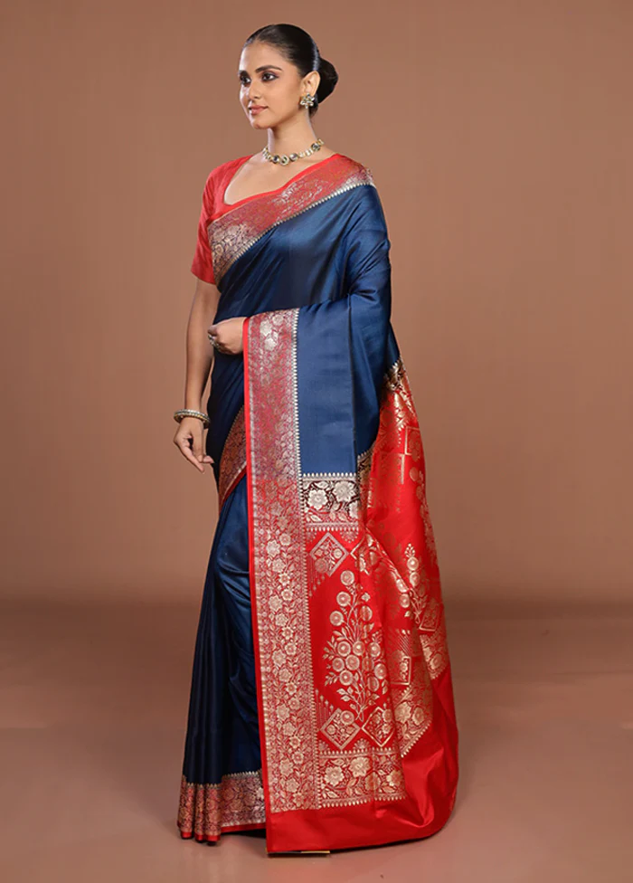 Blue Banarasi Silk Saree With Blouse Piece - Image 4