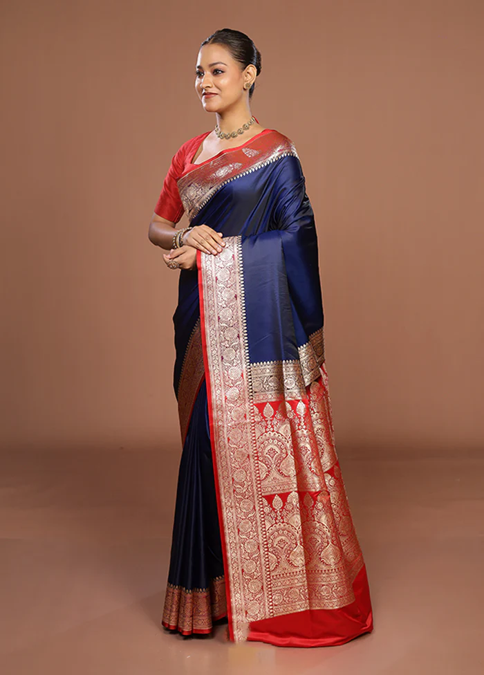 Blue Banarasi Silk Saree With Blouse Piece - Image 4