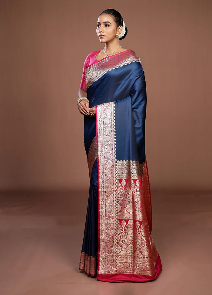 Blue Banarasi Silk Saree With Blouse Piece - Image 4