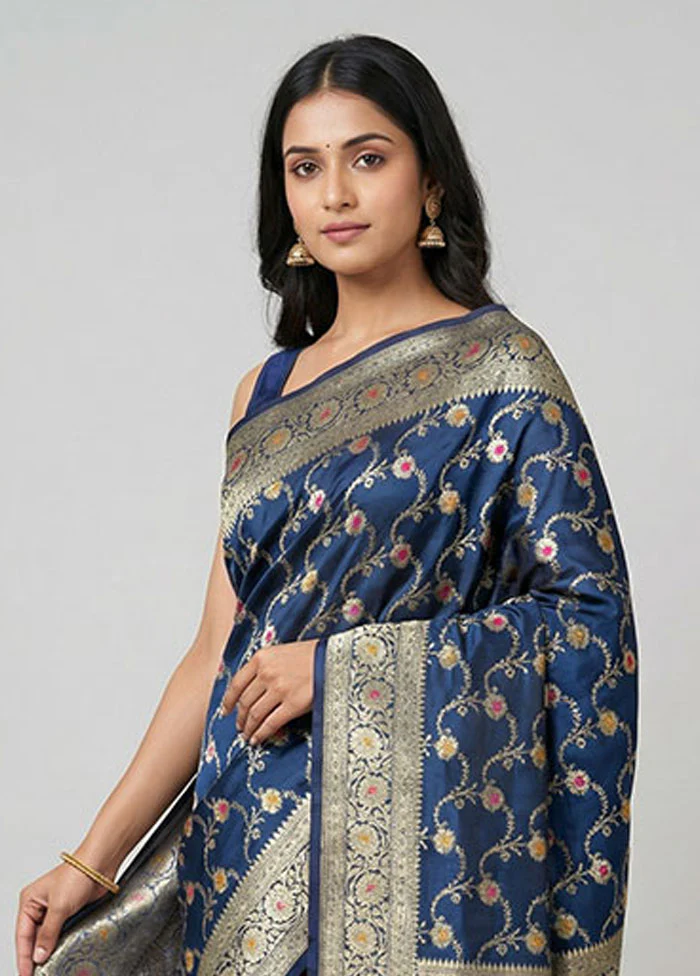 Blue Banarasi Silk Saree With Blouse Piece - Image 2