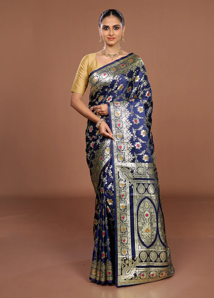 Blue Banarasi Silk Saree With Blouse Piece - Image 2