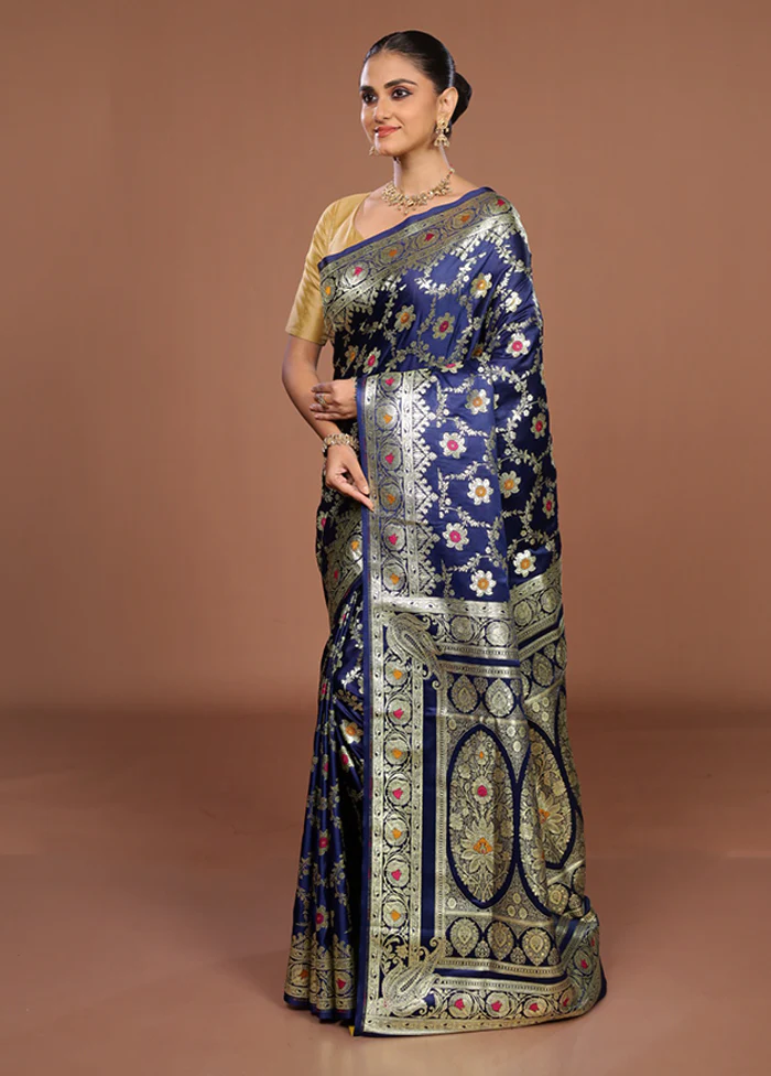 Blue Banarasi Silk Saree With Blouse Piece - Image 4