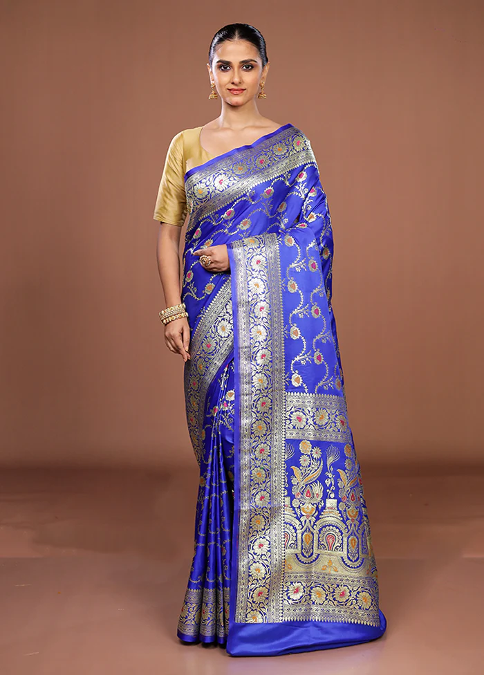 Blue Banarasi Silk Saree With Blouse Piece - Image 2
