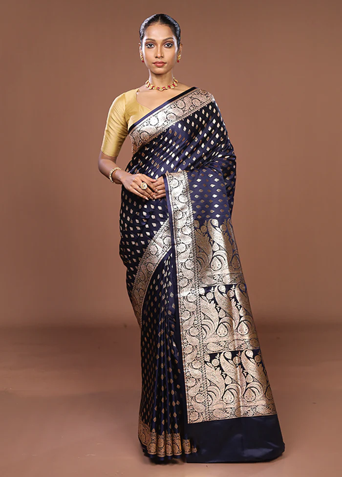 Blue Banarasi Silk Saree With Blouse Piece - Image 2