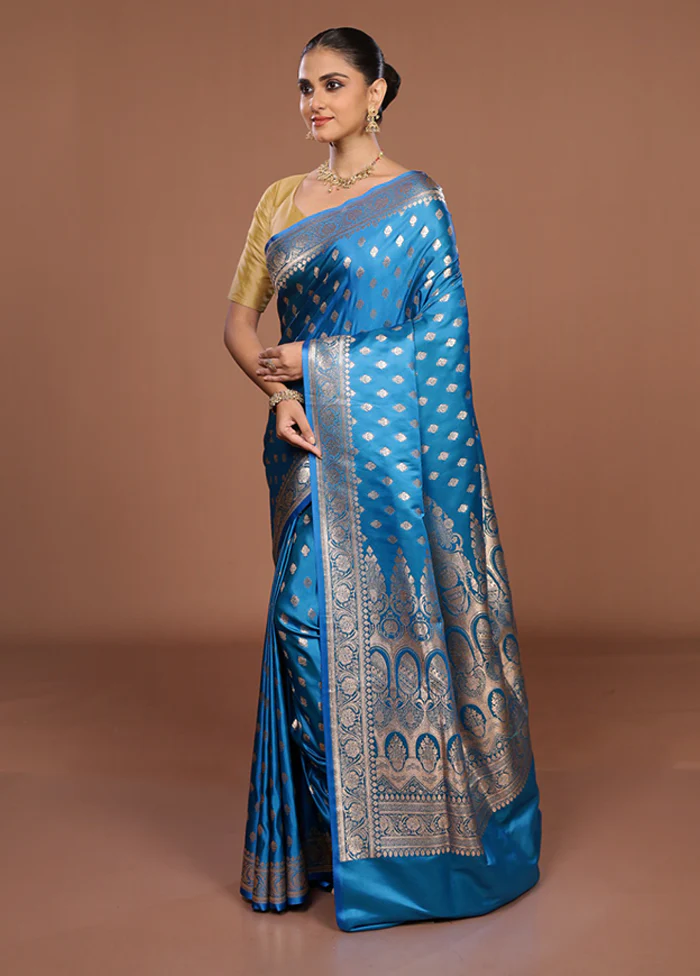 Blue Banarasi Silk Saree With Blouse Piece - Image 4