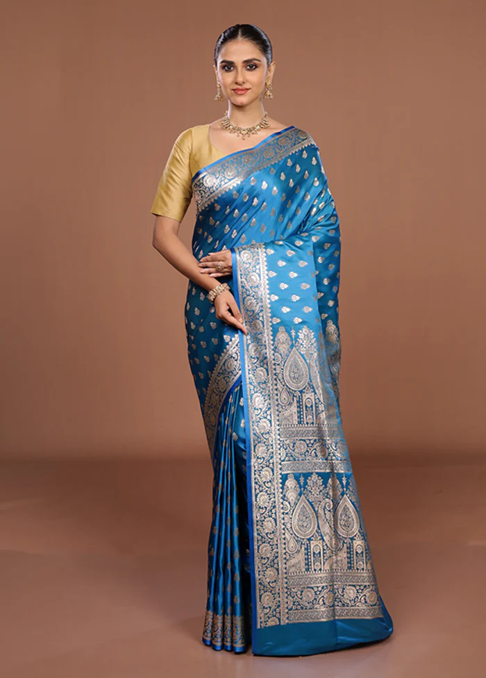 Blue Banarasi Silk Saree With Blouse Piece - Image 2