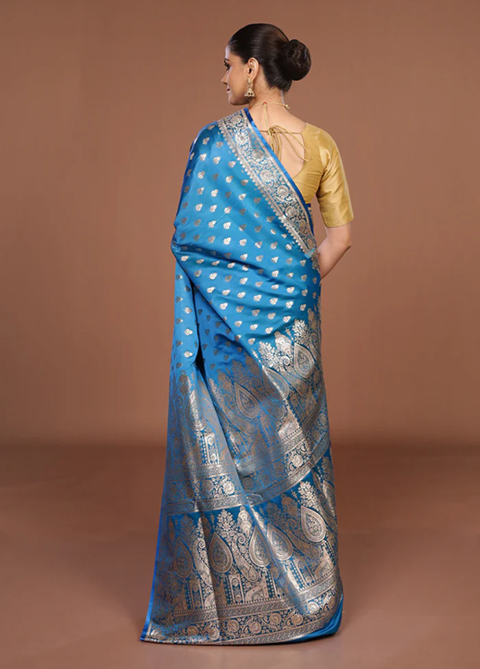 Blue Banarasi Silk Saree With Blouse Piece - Image 3