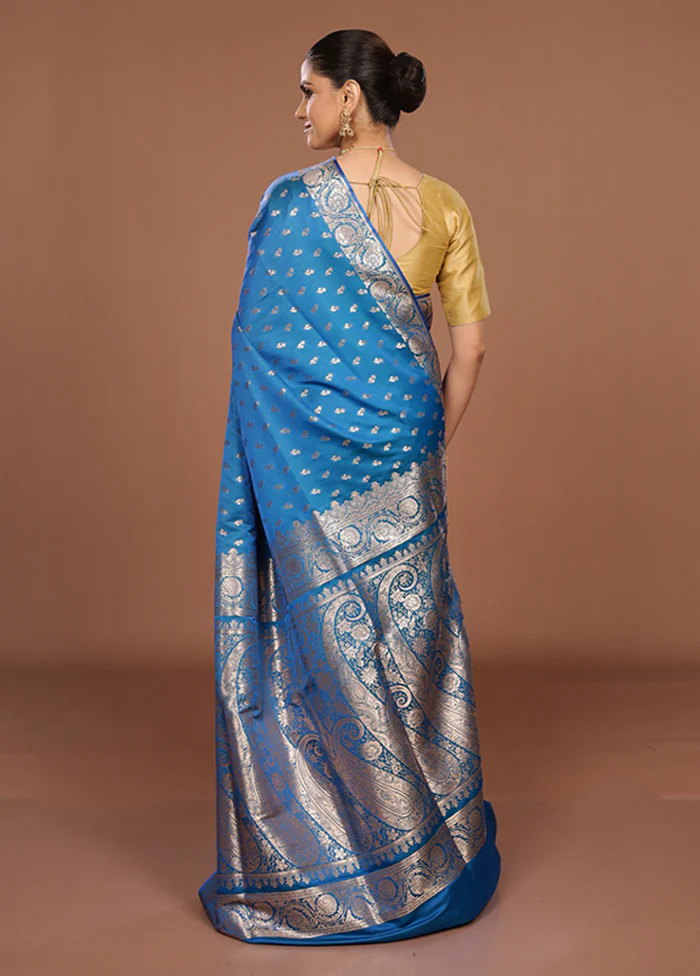 Blue Banarasi Silk Saree With Blouse Piece - Image 3