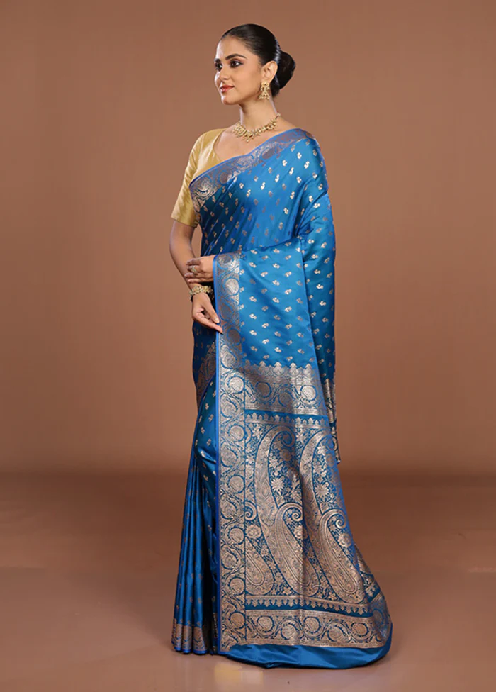 Blue Banarasi Silk Saree With Blouse Piece - Image 4