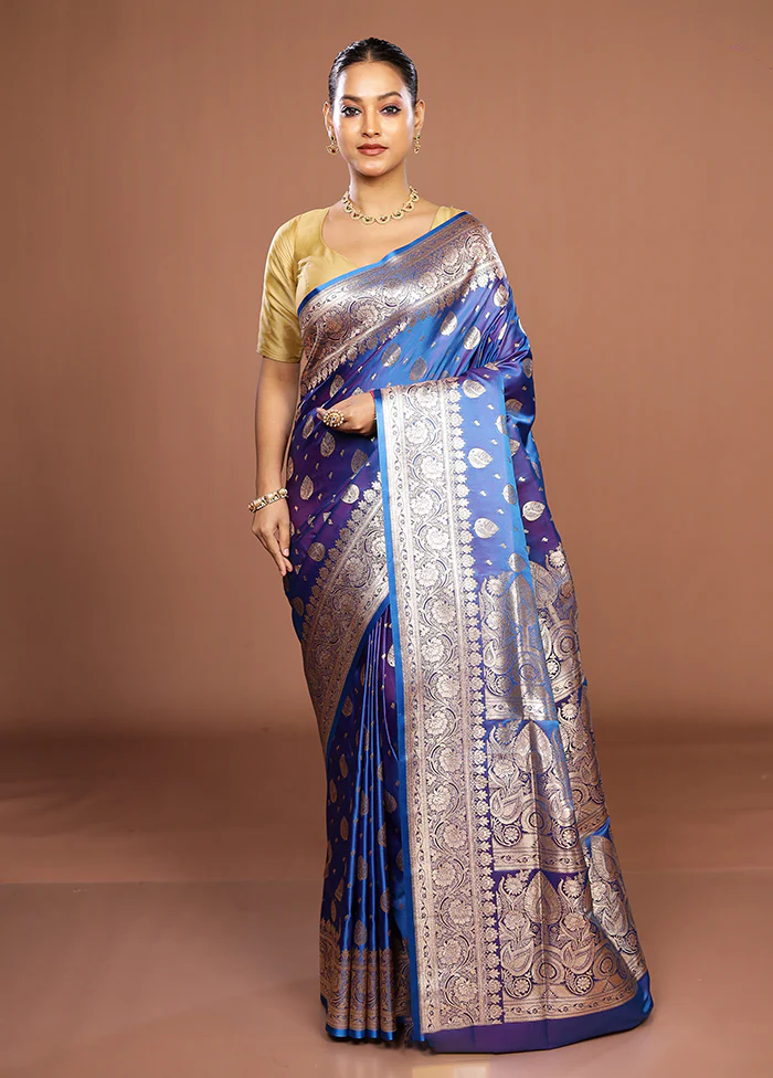 Blue Banarasi Silk Saree With Blouse Piece - Image 2