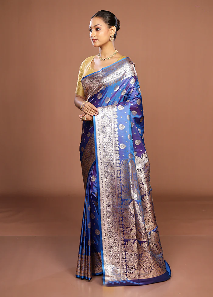 Blue Banarasi Silk Saree With Blouse Piece - Image 4