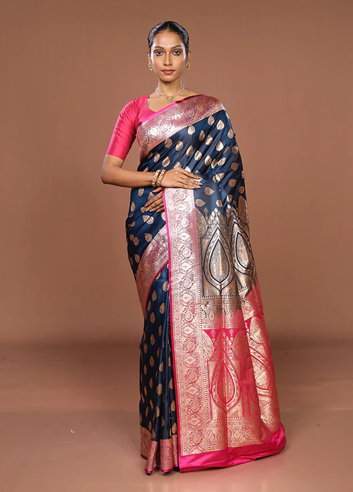 Blue Banarasi Silk Saree With Blouse Piece - Image 2