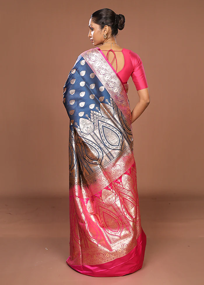 Blue Banarasi Silk Saree With Blouse Piece - Image 3
