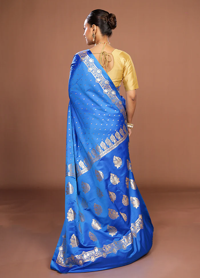 Blue Banarasi Silk Saree With Blouse Piece - Image 3