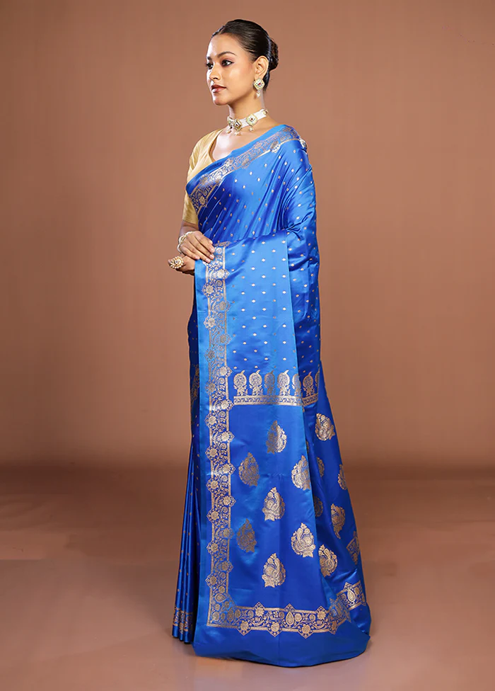 Blue Banarasi Silk Saree With Blouse Piece - Image 4