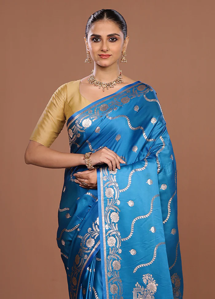 Blue Banarasi Silk Saree With Blouse Piece