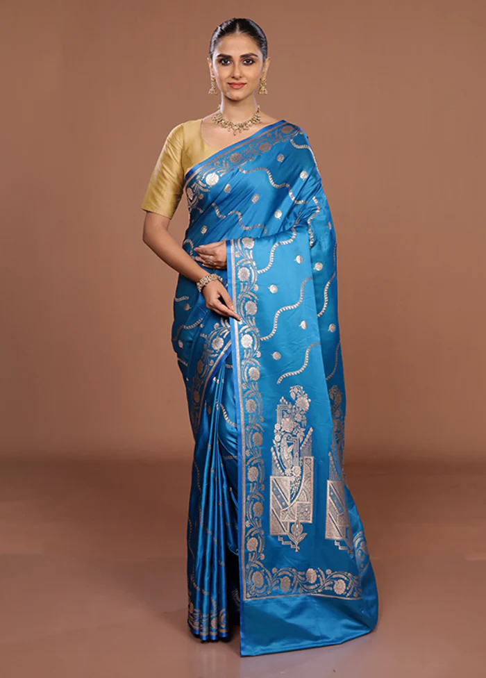 Blue Banarasi Silk Saree With Blouse Piece - Image 2