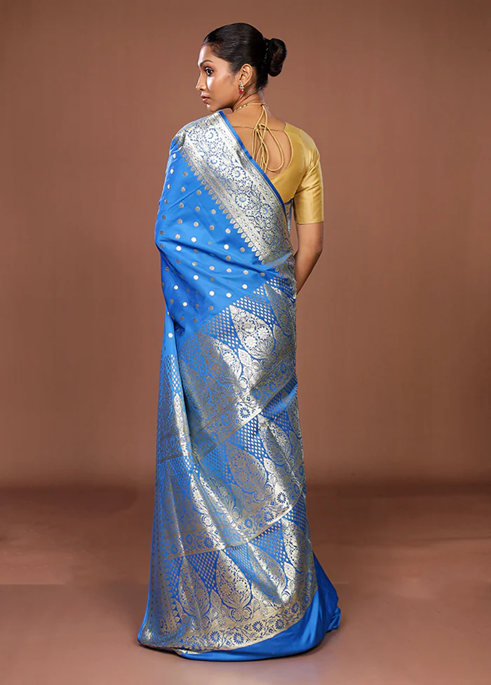 Blue Banarasi Silk Saree With Blouse Piece - Image 3