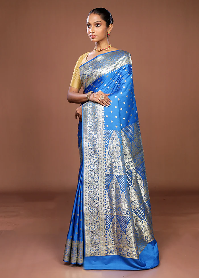 Blue Banarasi Silk Saree With Blouse Piece - Image 4