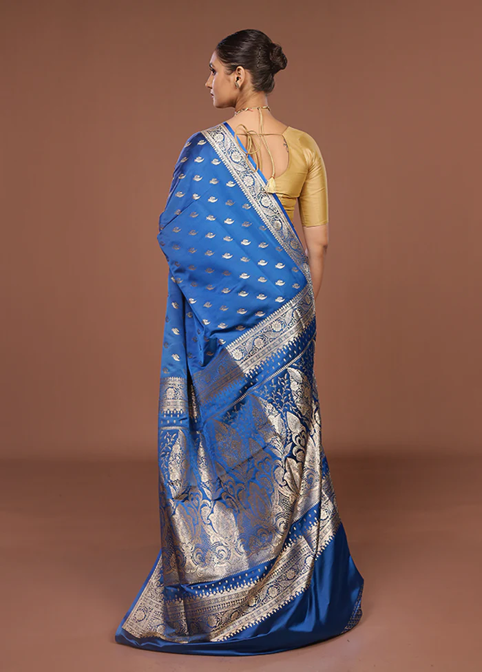 Blue Banarasi Silk Saree With Blouse Piece - Image 3