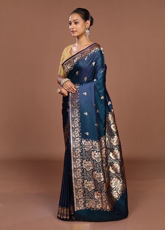 Blue Banarasi Silk Saree With Blouse Piece - Image 4