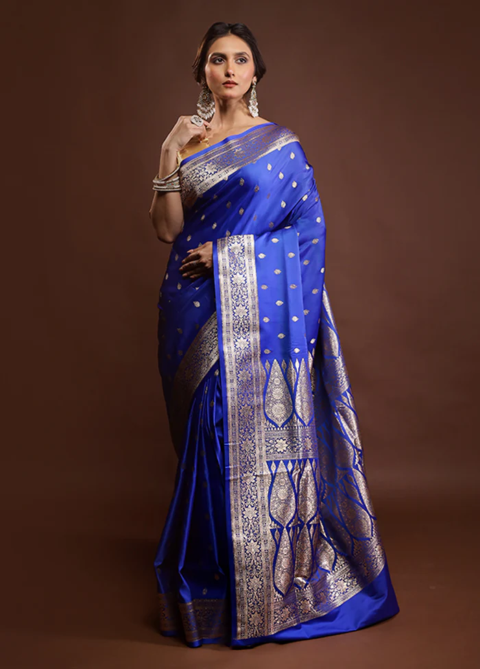 Blue Banarasi Silk Saree With Blouse Piece - Image 2