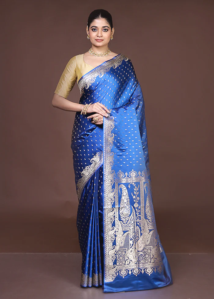 Blue Banarasi Silk Saree With Blouse Piece - Image 2