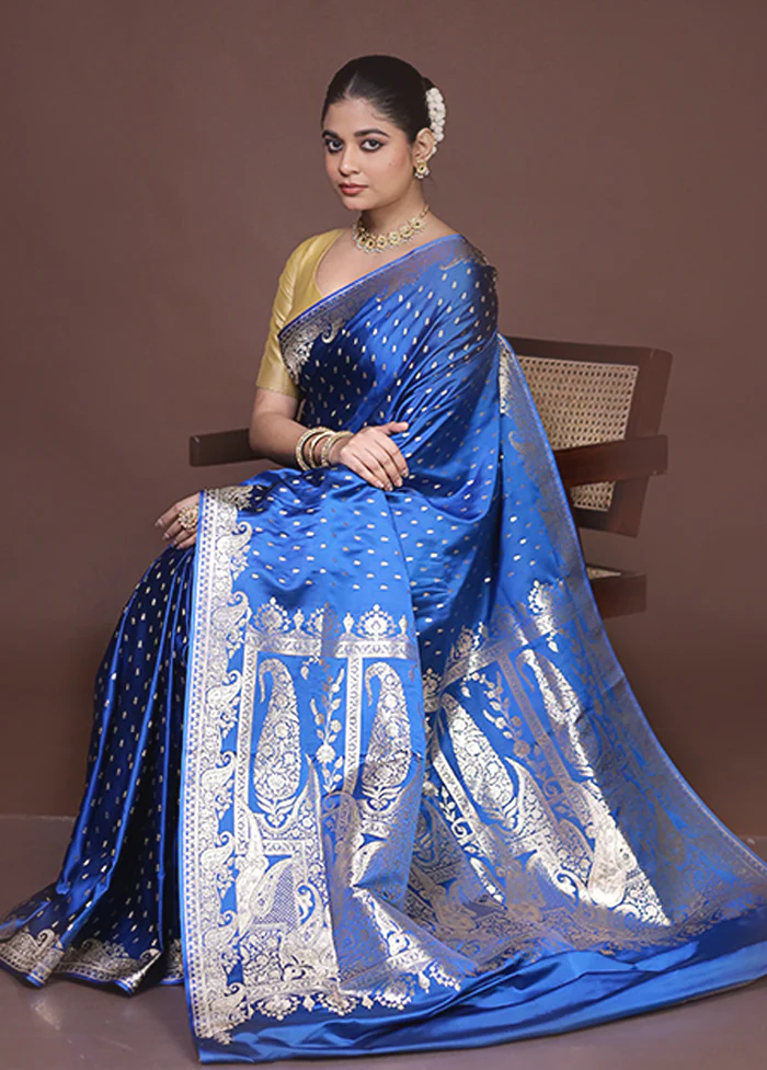 Blue Banarasi Silk Saree With Blouse Piece - Image 4