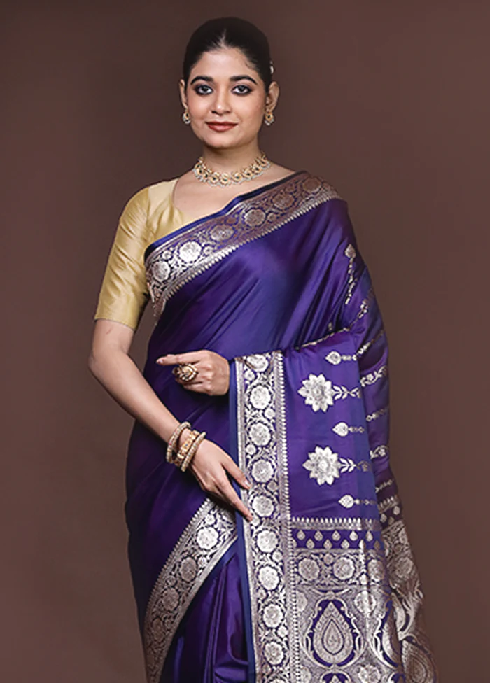 Blue Banarasi Silk Saree With Blouse Piece