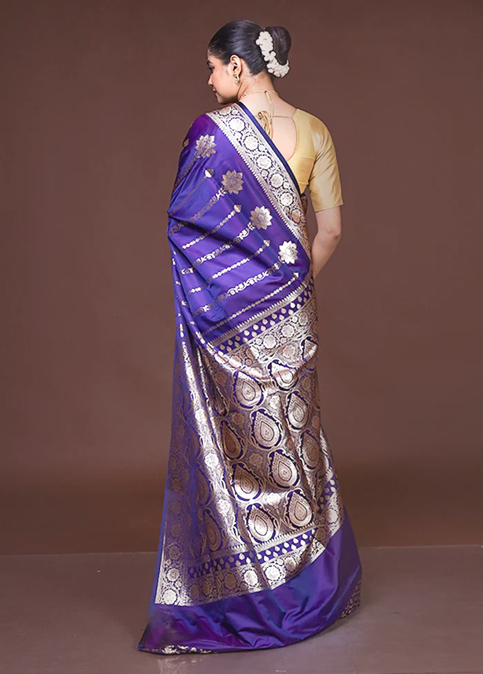 Blue Banarasi Silk Saree With Blouse Piece - Image 3