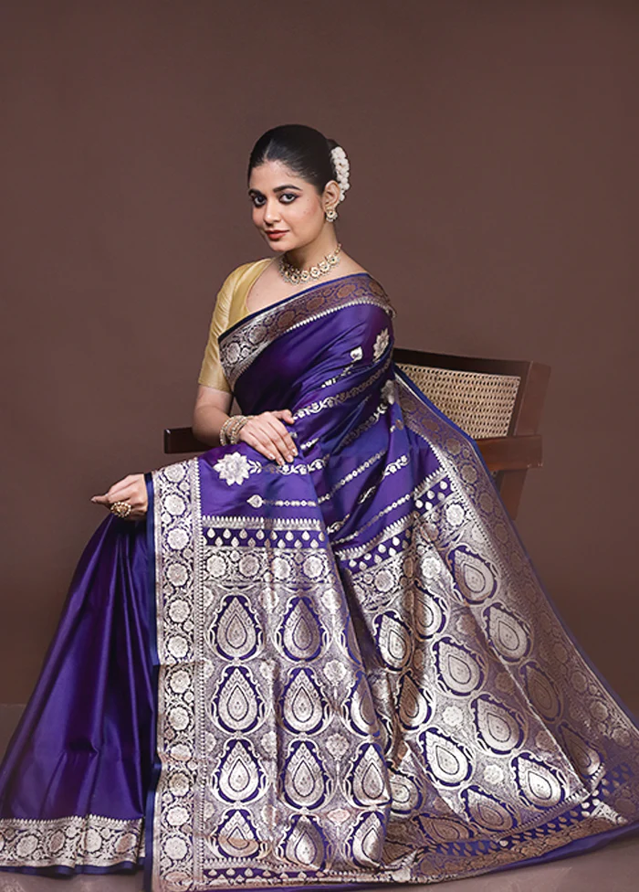Blue Banarasi Silk Saree With Blouse Piece - Image 4