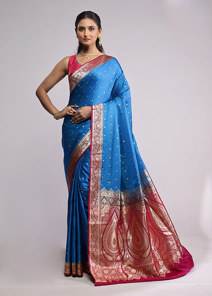 Blue Banarasi Silk Saree With Blouse Piece - Image 2