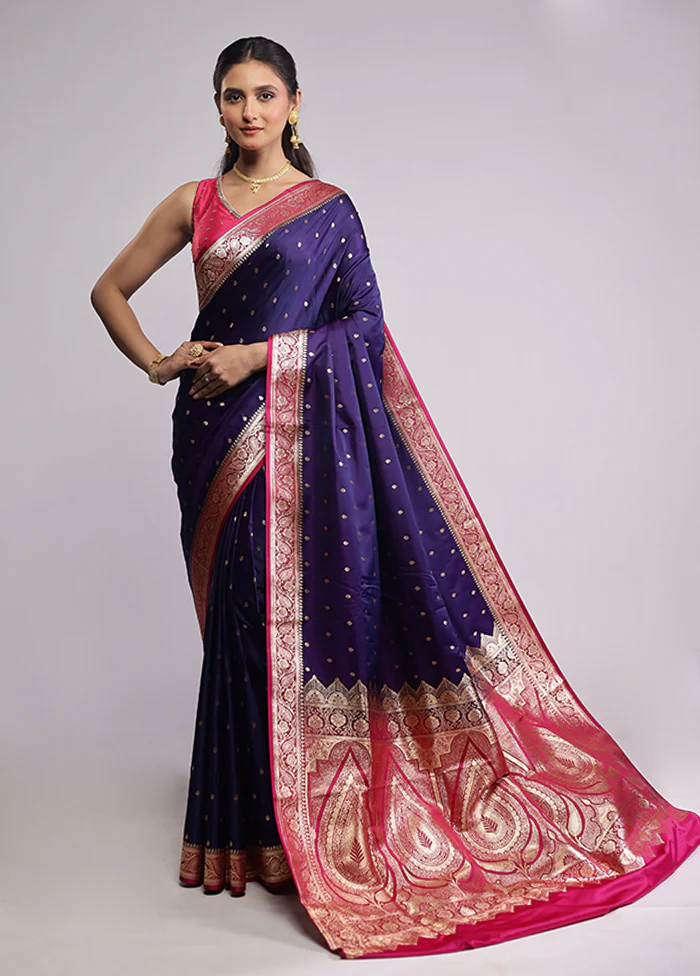Blue Banarasi Silk Saree With Blouse Piece - Image 2