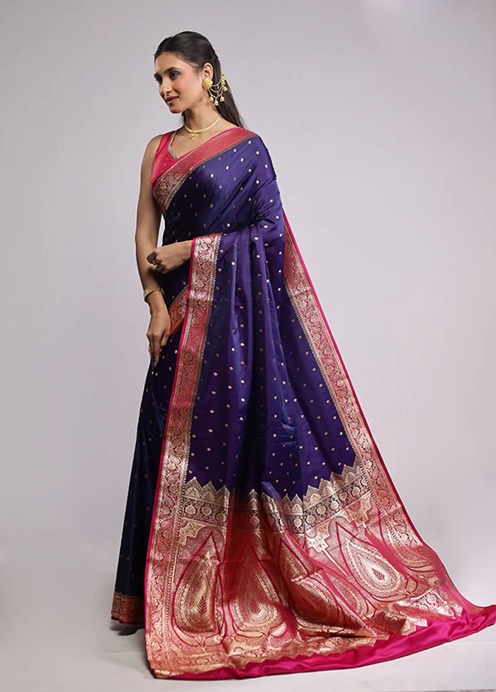Blue Banarasi Silk Saree With Blouse Piece - Image 4