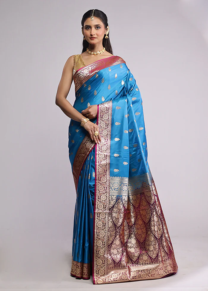 Blue Banarasi Silk Saree With Blouse Piece - Image 2