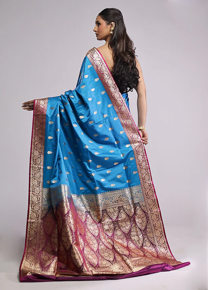 Blue Banarasi Silk Saree With Blouse Piece - Image 3