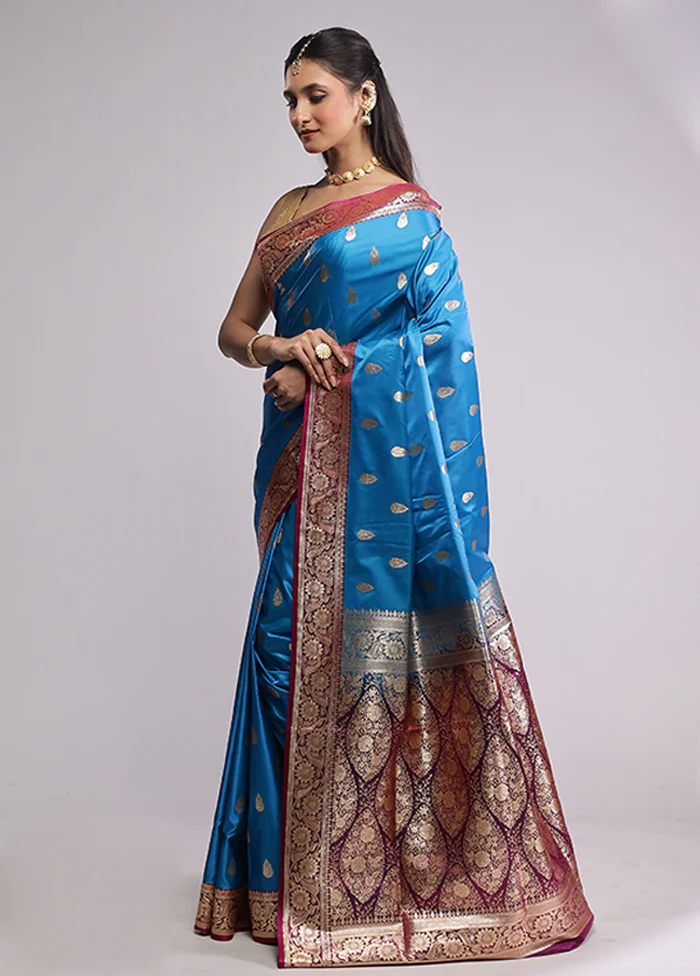 Blue Banarasi Silk Saree With Blouse Piece - Image 4