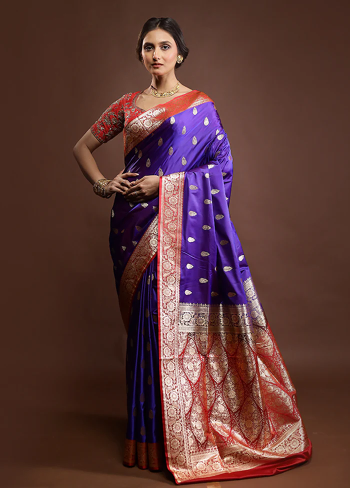 Blue Banarasi Silk Saree With Blouse Piece - Image 2