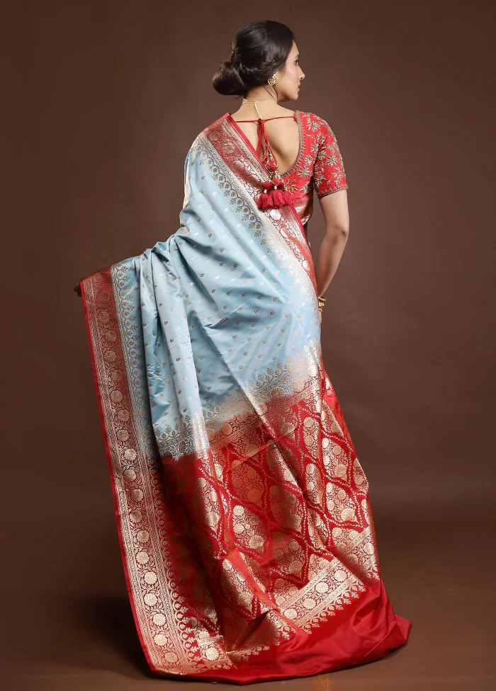 Blue Banarasi Silk Saree With Blouse Piece - Image 3